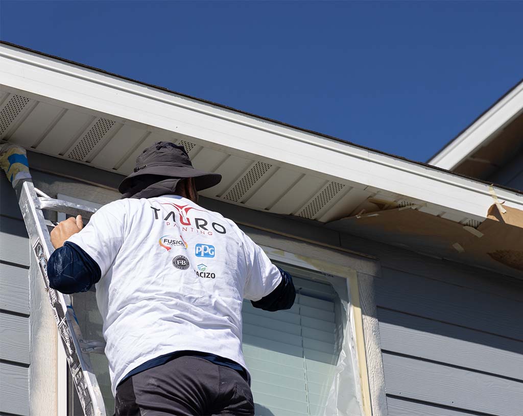 Painter on a ladder working on the exterior of a house